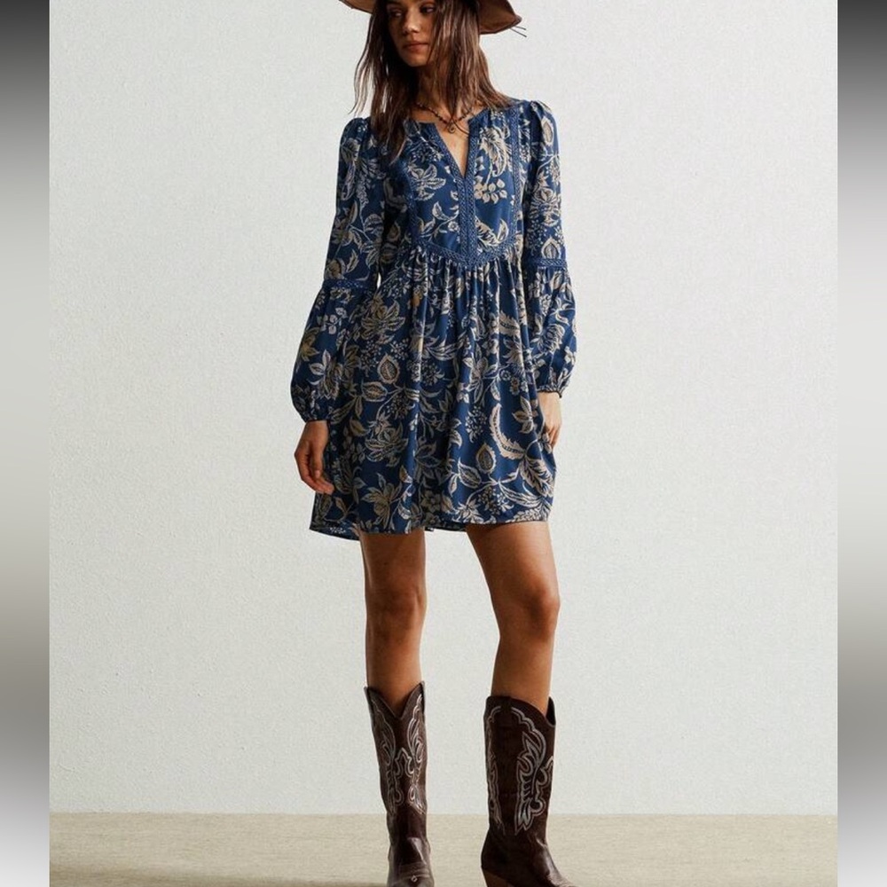 Dusty Blue Boho Baroque V Neck Ruffle Dress Long Sleeve S-XL - Picture 3 of 5